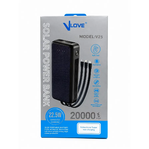 تصویر  پاوربانک 22.5وات سولار مدل VLOVE-V25ظرفیت 20000میلی آمپرساعت