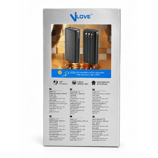 تصویر  پاوربانک 22.5وات سولار مدل VLOVE-V25ظرفیت 20000میلی آمپرساعت